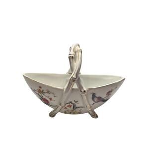 Vintage Japan Asiatic Porcelain Small Basket Trinket Dish w Handle Bird Floral
